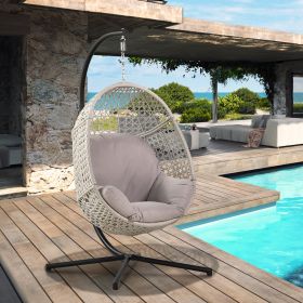 Large Hanging Egg Chair with Metal Stand and UV Resistant Cushion Hammock Chairs with C-Stand for Outdoor Indoor (Color: grey)